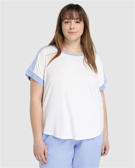 Camiseta De Pijama De Tallas Grandes Lazo Plus En Blanco Con Lunares