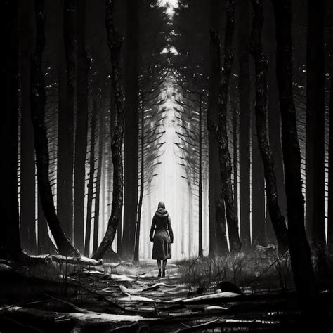 Premium AI Image | A woman walking in a dark forest with the light shining on her back.