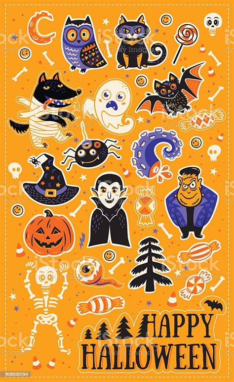 Stiker Diatur Dengan Karakter Kartun Dan Elemen Untuk Halloween