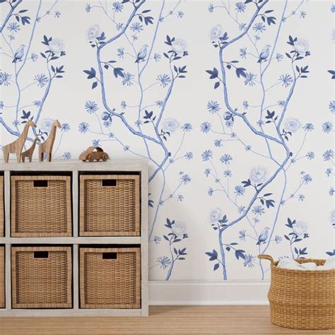 Jenny Peony In Delft Blue Wallpaper Spoonflower Blue Wallpapers