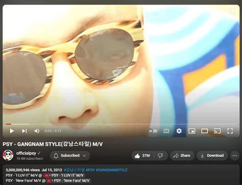 Psys Gangnam Style Passes The Mark Of 5 Billion Views Rkpop