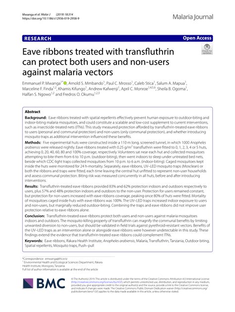 Pdf Eave Ribbons Treated With Transfluthrin Can Protect Both Users