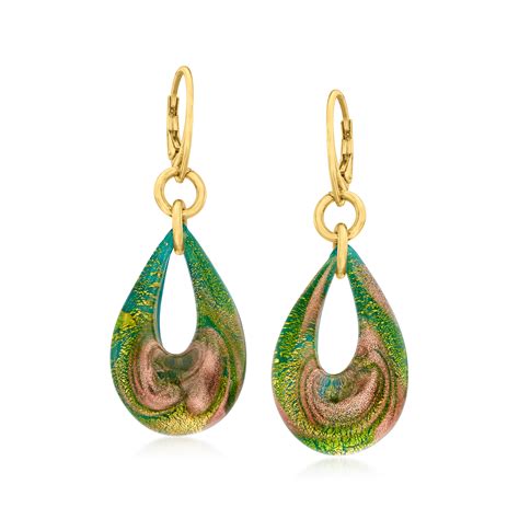 Ross Simons Italian Green And Metallic Murano Glass Teardrop Earrings