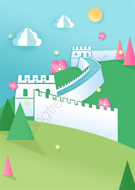 Summer Vacation Tourism Cartoon Great Wall, Beautiful View, Great Wall ...