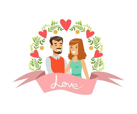 Premium Vector Happy Couple In Love Characters In Floral Frame