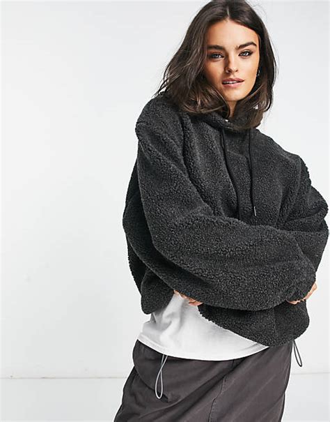 Asos Design Oversized Hoodie In Borg Fleece In Charcoal Asos