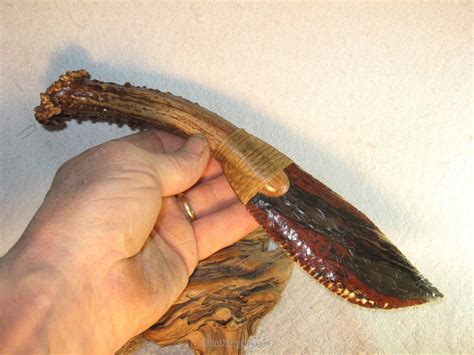 Triple Flow Obsidian Skinning Knife With Carved African Elk Antler Handle