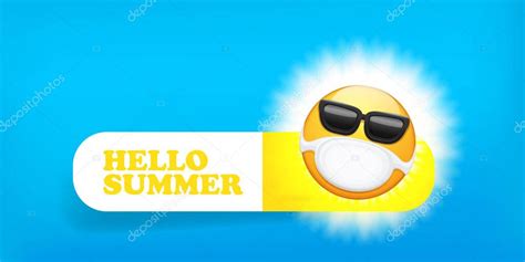 Hola Concepto De Verano Con Etiqueta Engomada Emoji Amarillo Con