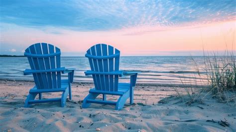 Serene Sunset Scene Pair Of Blue Adirondack Chairs On Sandy Beach