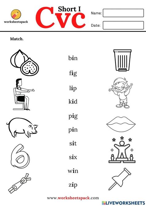 Cvc words short I matching worksheets worksheet | Cvc words, Short i worksheets, Cvc word activities