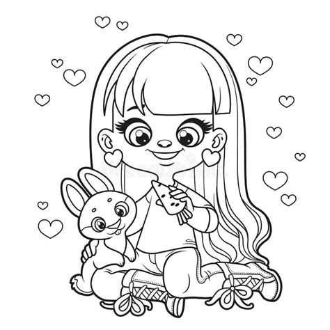 Cute Cartoon Long Haired Girl Feeding The Rabbit Carrots Coloring Page