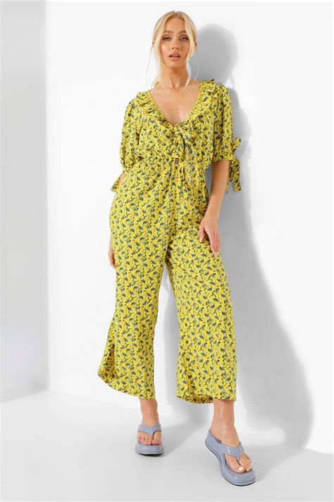 Women S Floral Plunge Tie Sleeve Culotte Jumpsuit Boohoo Uk