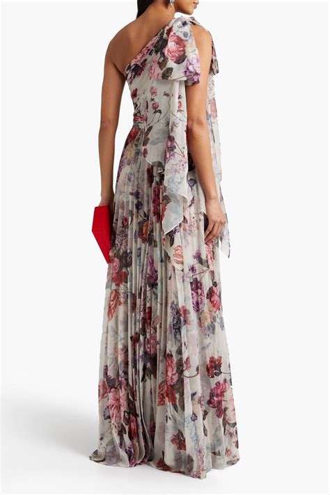 Marchesa Notte Woman One Shoulder Pleated Floral Print Chiffon Gown