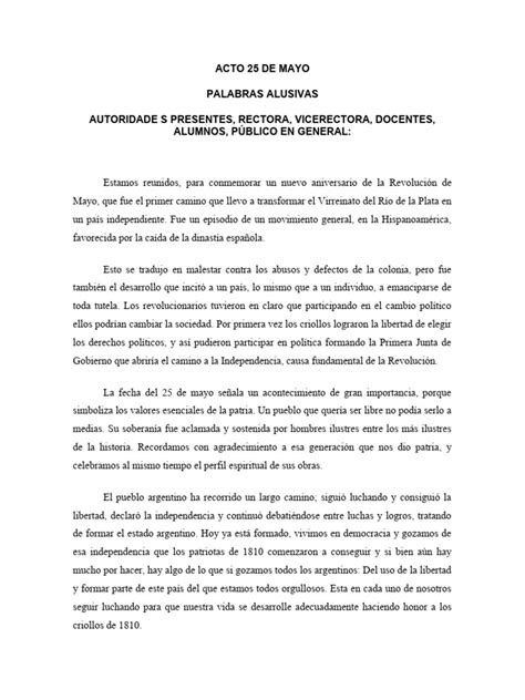 Acto 25 De Mayo Palabras Alusivas Pdf