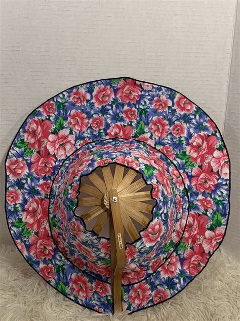 Vintage Thai Fold Fan And Hat Wide Brim Floral Bamboo Gem