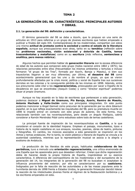 SOLUTION Tema 2 La Generaci N Del 98 Caracter Sticas Principales