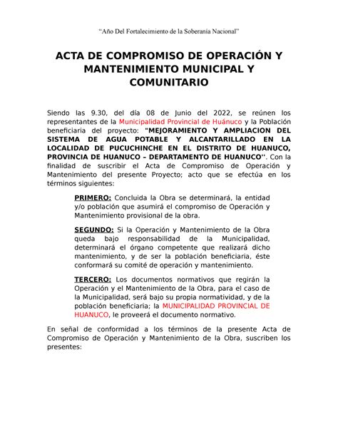 Acta De Compromiso De Operaci N Y Mantenimiento Canal Cauri A O