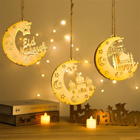 Ramadan Decoration Moon Star Wooden Hanging Pendant Lights Eid Mubarak