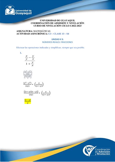 Tarea U3 Clase 13 S4 si Matemáticas Nivelación UG Studocu