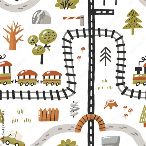 Cartoon cars, train and city road map. Cute childish background. Urban ...