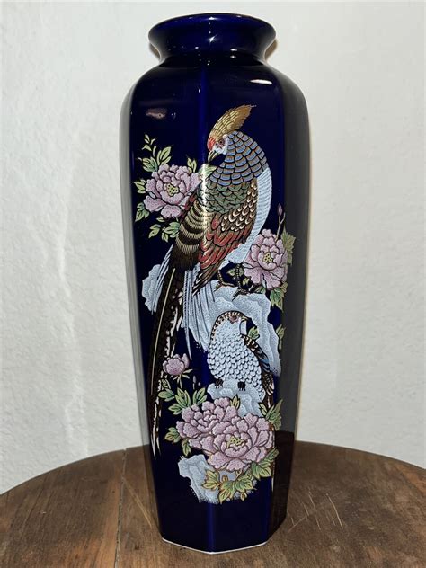 Vintage Kutani Cobalt Blue Vase Birds W Gold Accents Floral Japan