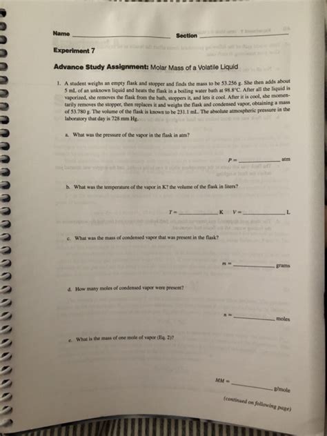 Solved Name Section Advance Study Assignment Molar Mass Of Chegg