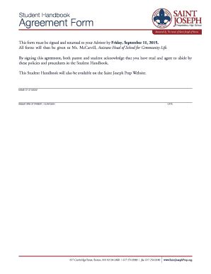 Fillable Online Saintjosephprep Student Handbook Agreement Form Saint