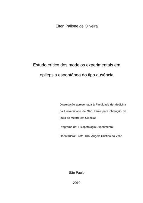 Pdf Estudo Cr Tico Dos Modelos Experimentais Em Epilepsia De