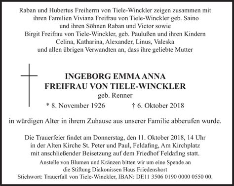 Traueranzeigen Von Ingeborg Emma Anna Freifrau Von Tiele Winckler Sz