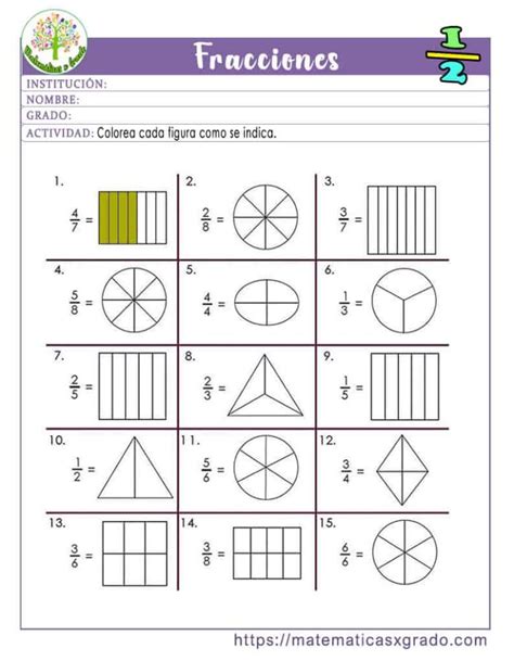 Ejercicios de fracciones para cuarto grado Matemáticas x grado