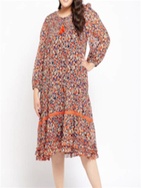 Buy Antheaa Curve Floral Print Keyhole Neck Puff Sleeve Chiffon A Line