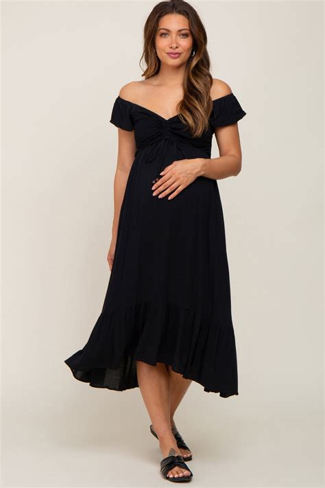 Black Smocked Ruched Ruffle Hem Maternity Maxi Dress Pinkblush