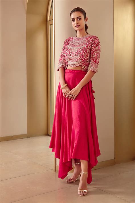 Buy Osaa By Adarsh Mulberry Silk Embroidered Top And Asymmetric Lehenga