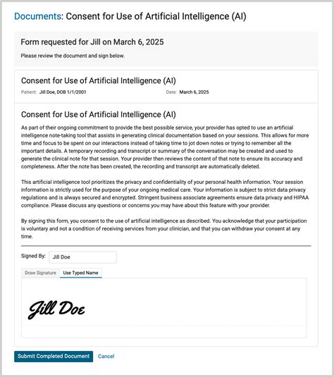 Consent for Use of Artificial Intelligence (AI) Portal Form – TherapyNotes