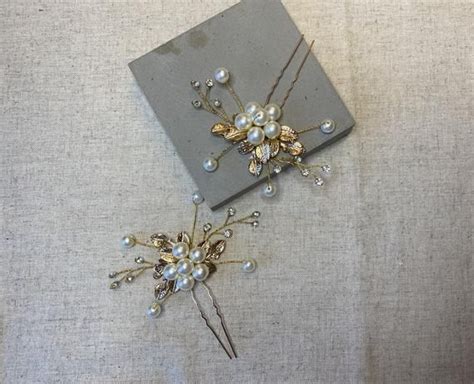 Hand Wired Bridal Hairpin Pair Gold Leaves With Pearls And Etsy