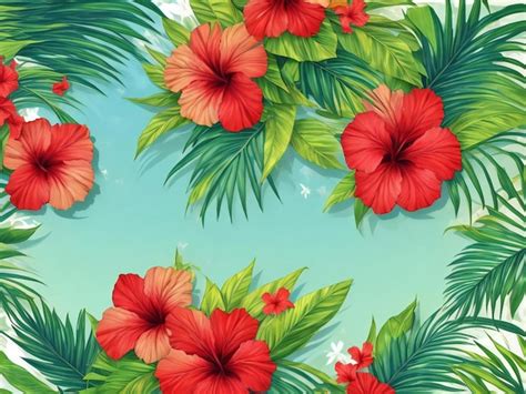 Premium Ai Image Summer Background With Tropical Leaves And Hibiscus