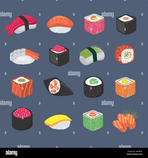 Cartoon sushi rolls japanese cuisine seafood vector set. Sushi food ...