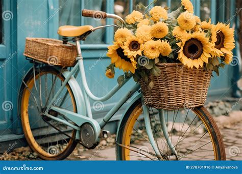 A Bicycle With A Basket Full Of Sunflowers Generative Ai Image Stock