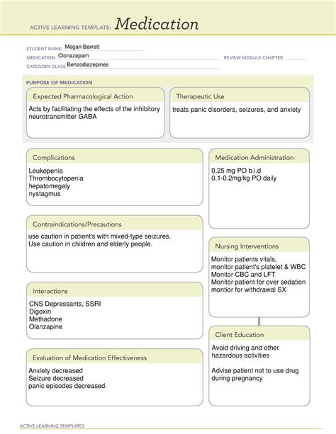 Clonazepam Medication Template