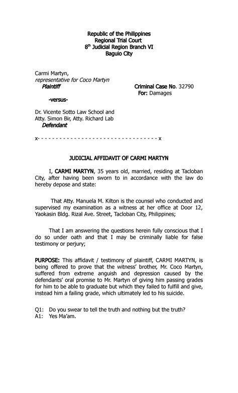 Judicial Affidavit Of Witness Sample