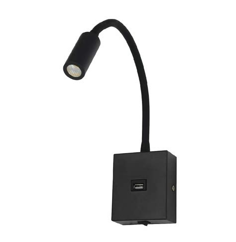 Arandela Preto Led Articulável saída USB 2 1A 3W 3000K