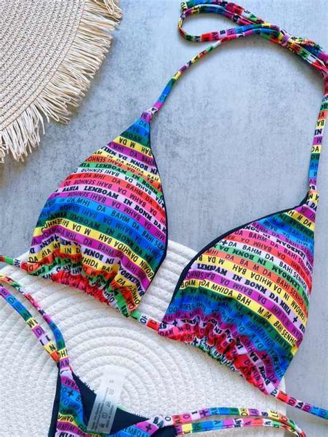 Women S Piece Letter Print Bikini Smocked Drawstring Side Triangle Halter Bandage Sexy Cute