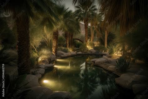 Desert oasis, with a sparkling pool of water surrounded by palm trees ...