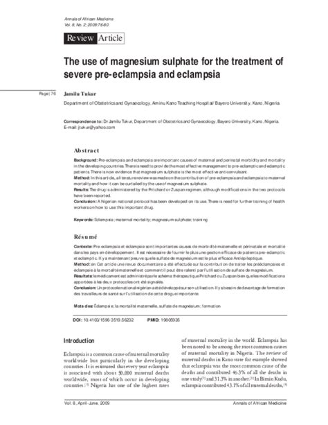 Pdf The Use Of Magnesium Sulphate For The Treatment Of Severe Pre