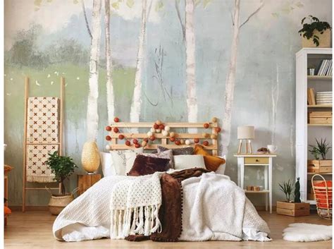 Oil Painting Abstract Birch Trees Wallpaper Wall Mural Etsy