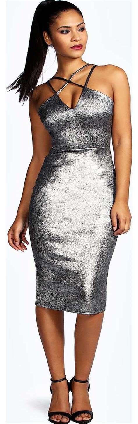 Boohoo Emma Metallic Strappy Bodycon Midi Dress Look Knock Out On