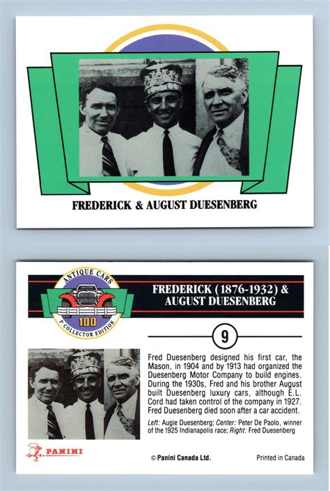 Frederick And August Duesenberg 9 Antique Cars 1992 Panini Trading Card