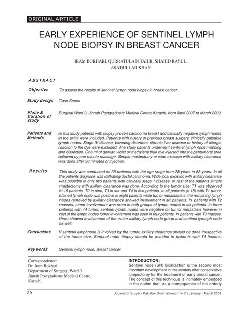 Pdf Early Experience Of Sentinel Lymph Node Biopsy In Breast Cancer