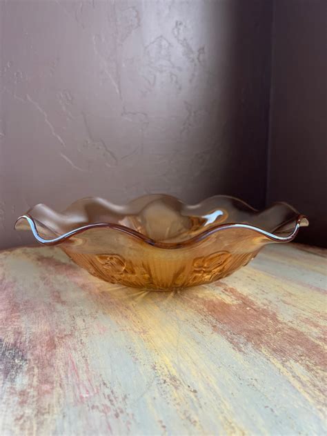 Vintage Jeanette Carnival Glass Bowl Ruffled Edge Decorative Bowl 1950s Marigold Depression