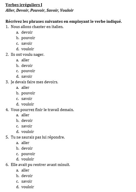 Verbes irréguliers français Feuille de travail 1